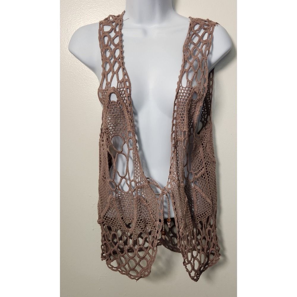 Maurices‎ Crochet Open Knit Beige Cardigan Large Sleeveless Tie Front Boho